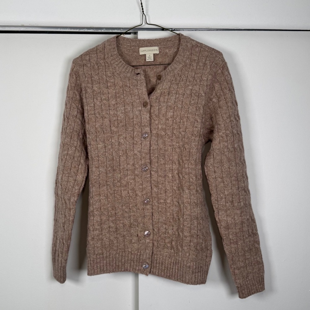 Appleseed's Womens Small Tan Wool Cable Knit Cardigan Sweater Grandma Core Tan